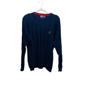 Ralph Lauren Chaps Cable Knit Sweater Mens LG‎ Navy Blue Cotton Nautical Beachy
